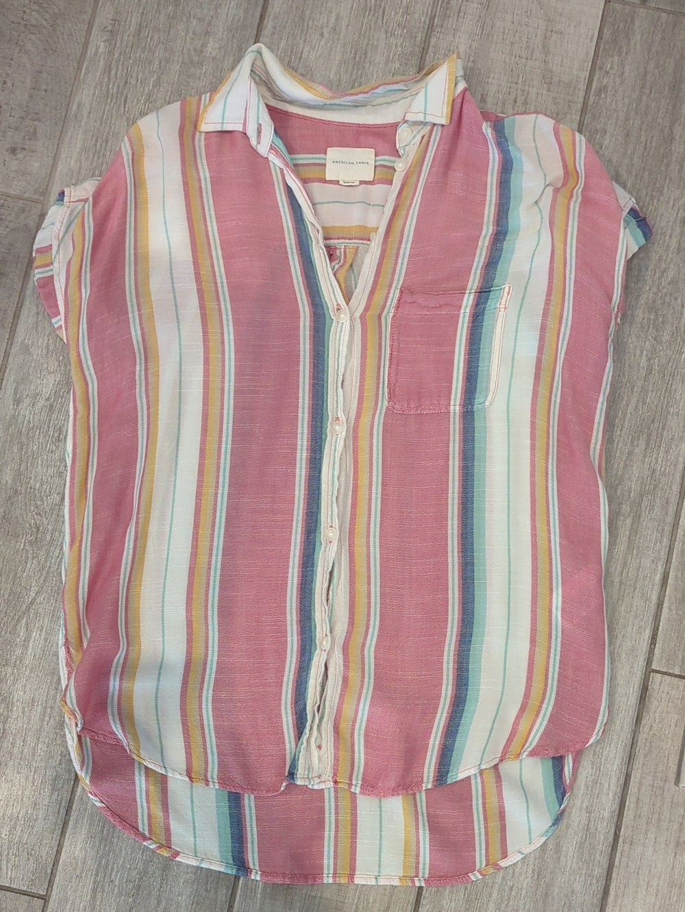 American Eagle Outfitters Pink Multicolor Striped Short-Sleeve Button-Down